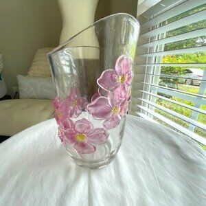 VINTAGE Lead Crystal Glass Vase Asymmetrical Rim Floral pink dogwood decor
